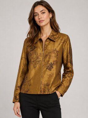 Bozaglo Size S Bronze Brown 100% Silk Floral Scroll Zip Front Lined Jacket
